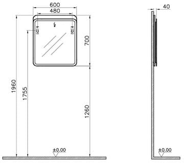VITRA SENTO zrcadlo 60x70cm, s osvětlením, se senzorem 60889 Technický nákres