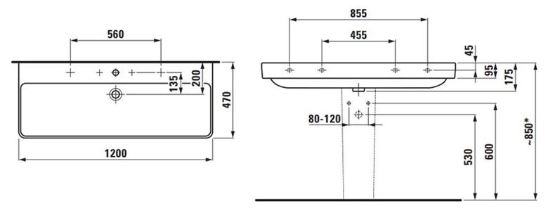 LAUFEN PRO S umyvadlo 120 cm, se 2 otvory pro baterie a přepadem, LCC H8149654001071 Technický nákres