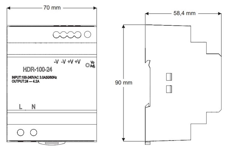 SANELA napájecí zdroj 230/24 V, na lištu, pro max. 15 zařízení SLZ 04X Technický nákres