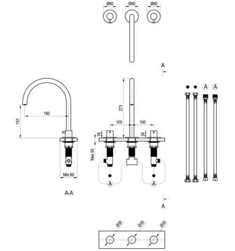 RAVAK ESPIRIT ES 018.60GLB umyvadlová stojánková baterie, 3-otvorová, EcoFlow, kartáčované zlato X070599 Technický nákres