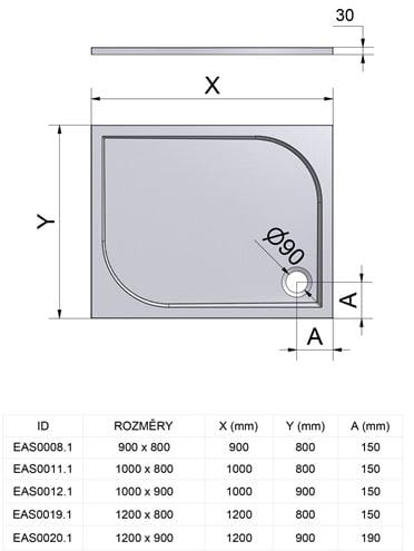 EASY sprchová vanička 120x80 cm, litý mramor, bez nožiček, s protiskluzem EAS0019.1 Technický nákres