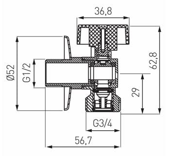 NOVASERVIS  pračkový ventil 1/2"x3/4", chrom CF3016 Technický nákres
