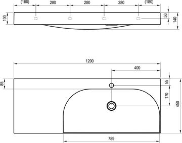 RAVAK LITE umyvadlo 120 cm, s otvorem pro baterii vpravo, bez přepadu, litý mramor XJXL1212000 Technický nákres