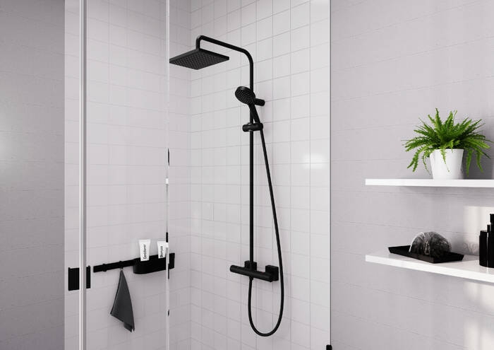 HANSGROHE VERNIS SHAPE SHOWERPIPE 230 sprchový set s termostatickou baterií, horní sprcha, ruční sprcha se 2 proudy, tyč, hadice, EcoSmart, matná černá 26097670 Obrázek - fotka