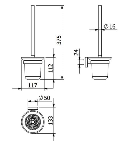 CONCEPT 100 WC štětka, nástěnná, sklo, chrom CO-21525A Technický nákres