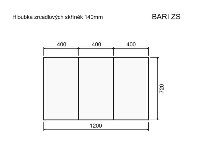 INTEDOOR BARI zrcadlová skříňka 120x72x14 cm, s vypínačem a el. zásuvkou, MDF, lesklá bílá BAZS120A0016 Technický nákres