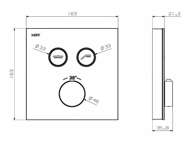 NDW SWISS BOX podomítková termostatická baterie, pro 2 spotřebiče, matná černá PM10158/MB Technický nákres
