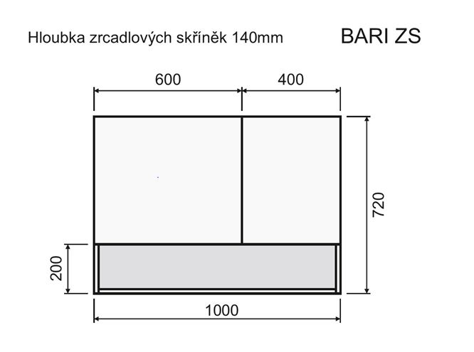 INTEDOOR BARI zrcadlová skříňka 100x72x14 cm, s vypínačem a el. zásuvkou, MDF, lesklá bílá/dub anniversary BAZSN100A0016/A02 Technický nákres