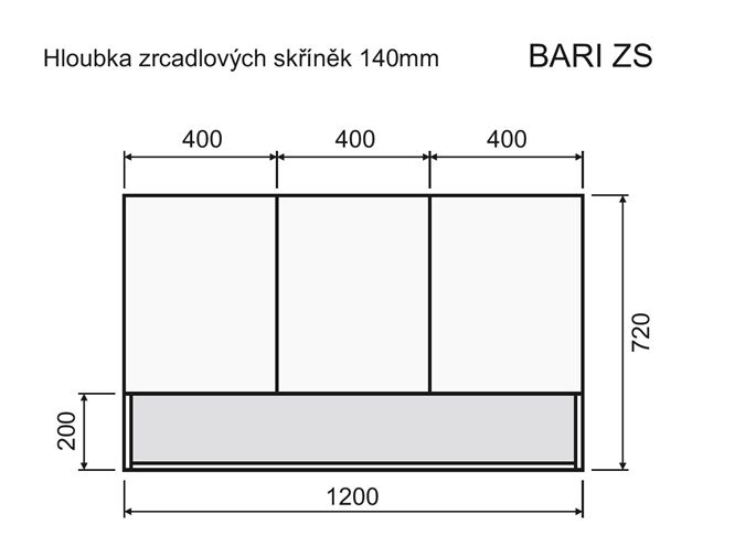 INTEDOOR BARI zrcadlová skříňka 120x72x14 cm, s vypínačem a el. zásuvkou, MDF, aqua marina mat BAZSN120A6766 Technický nákres