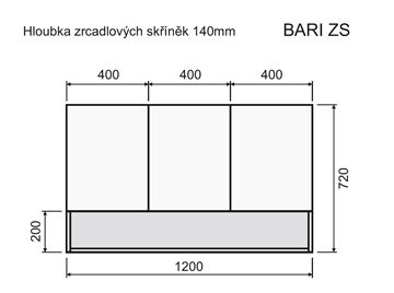 INTEDOOR BARI zrcadlová skříňka 120x72x14 cm, s vypínačem a el. zásuvkou, MDF, cotto mat BAZSN120A9556 Technický nákres