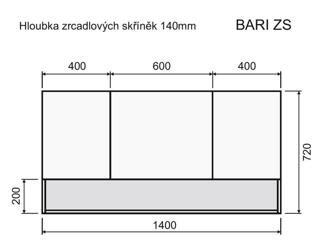 INTEDOOR BARI zrcadlová skříňka 140x72x14 cm, s vypínačem a el. zásuvkou, MDF, dub anniversary BAZSN140A02 Technický nákres