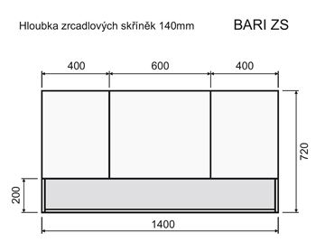 INTEDOOR BARI zrcadlová skříňka 140x72x14 cm, s vypínačem a el. zásuvkou, MDF, matná černá/dub anniversary BAZSN140A3686/A02 Technický nákres