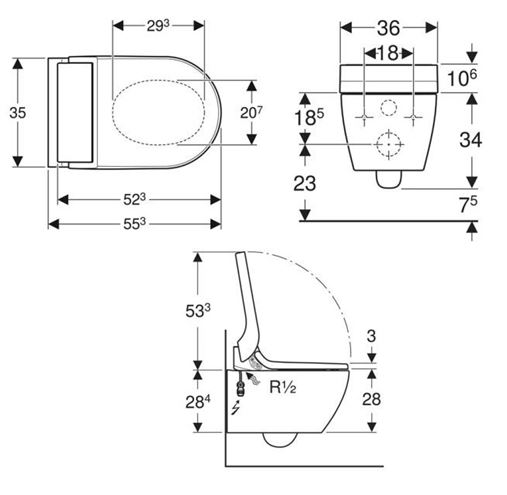 GEBERIT AQUACLEAN TUMA COMFORT závěsné WC s bidetovým sedátkem, SoftOpening, Rimless, KeraTect, bílá/kartáčovaná nerez 146.290.FW.1 Technický nákres