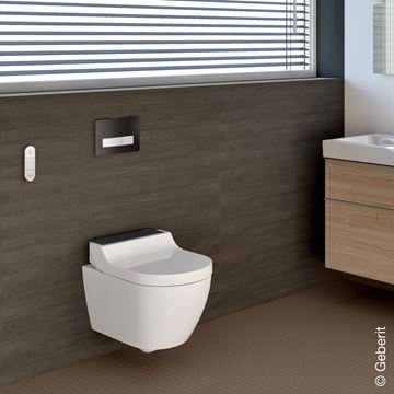 GEBERIT AQUACLEAN TUMA COMFORT závěsné WC s bidetovým sedátkem, SoftOpening, Rimless, KeraTect, bílá/černé sklo 146.290.SJ.1 Obrázek - fotka