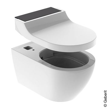 GEBERIT AQUACLEAN TUMA COMFORT závěsné WC s bidetovým sedátkem, SoftOpening, Rimless, KeraTect, bílá/černé sklo 146.290.SJ.1 Obrázek - fotka