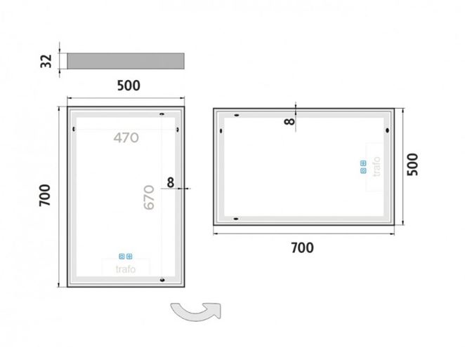 NIMCO ZP 13000 zrcadlo 50x70 cm, reverzibilní, s osvětlením, s regulací stmívání a teploty světla, se dvěma senzory ZP 13001VX Technický nákres
