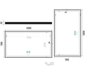 NIMCO ZP 13000 zrcadlo 120x70 cm, reverzibilní, s osvětlením, s regulací stmívání a teploty světla, se dvěma senzory ZPC 13006VX-90 Technický nákres