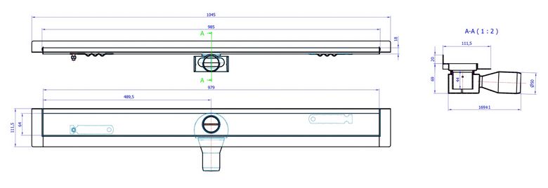 CONCEPT 50 sprchový žlab 985 mm, ke stěně, boční odtok pr. 50 mm, bez roštu, nerez ocel 413964 Technický nákres