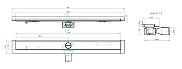 CONCEPT 50 sprchový žlab 885 mm, ke stěně, boční odtok pr. 50 mm, bez roštu, nerez ocel 413963 Technický nákres