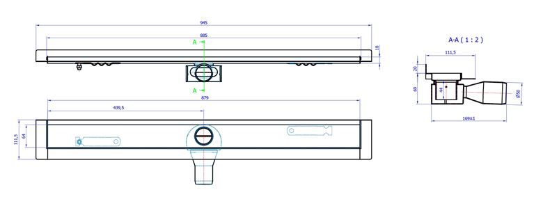 CONCEPT 50 sprchový žlab 885 mm, ke stěně, boční odtok pr. 50 mm, bez roštu, nerez ocel 413963 Technický nákres