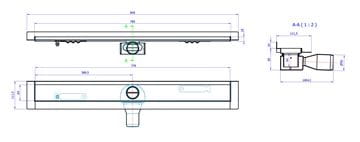 CONCEPT 50 sprchový žlab 785 mm, ke stěně, boční odtok pr. 50 mm, bez roštu, nerez ocel 413962 Technický nákres
