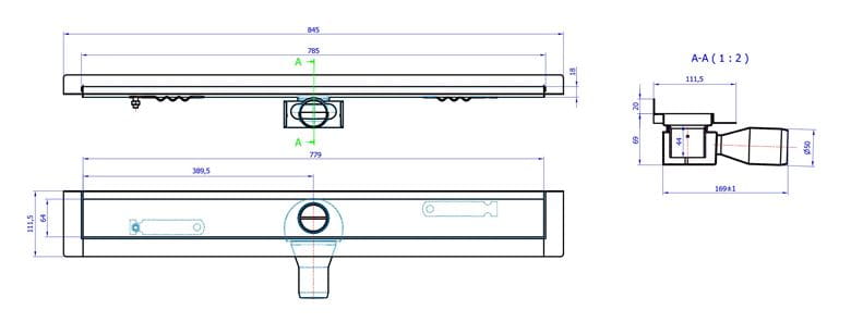 CONCEPT 50 sprchový žlab 785 mm, ke stěně, boční odtok pr. 50 mm, bez roštu, nerez ocel 413962 Technický nákres