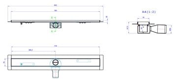 CONCEPT 50 sprchový žlab 785 mm, do prostoru, boční odtok pr. 50 mm, bez roštu, nerez ocel 413959 Technický nákres