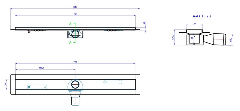 CONCEPT 50 sprchový žlab 785 mm, do prostoru, boční odtok pr. 50 mm, bez roštu, nerez ocel 413959 Technický nákres