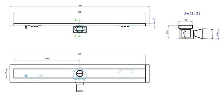 CONCEPT 50 sprchový žlab 985 mm, do prostoru, boční odtok pr. 50 mm, bez roštu, nerez ocel 413961 Technický nákres