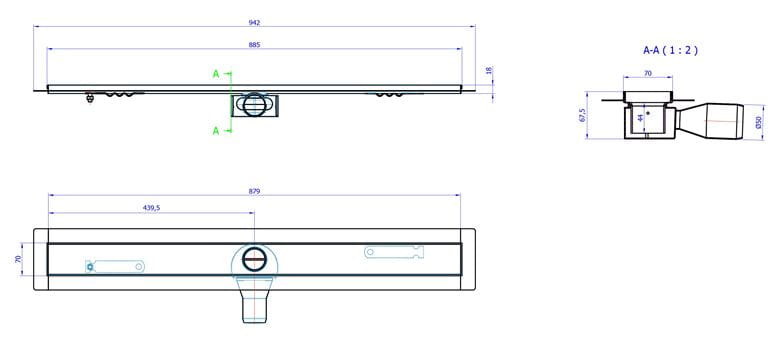 CONCEPT 50 sprchový žlab 885 mm, do prostoru, boční odtok pr. 50 mm, bez roštu, nerez ocel 413960 Technický nákres