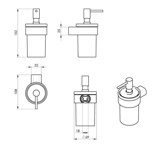 GEDY PIRENEI dávkovač tekutého mýdla 110 ml, sklo, gun metal PI8181 Technický nákres