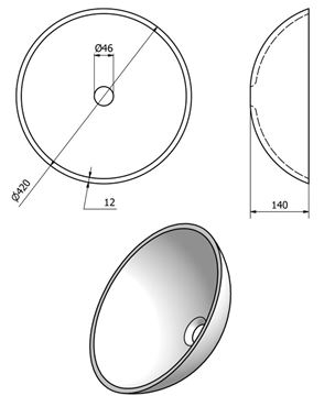 SAPHO BEAUTY umyvadlová mísa Damar 42 cm, bez přepadu, sklo, tmavě šedá/stříbrná 2501-20 Technický nákres