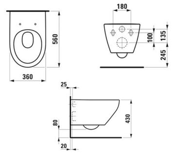 LAUFEN MODERNA S závěsné WC, Rimless splachování, Silent Flush, LCC H821541A000001 Technický nákres