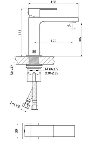 SAPHO CUBEMIX umyvadlová stojánková baterie, chrom CM002 Technický nákres