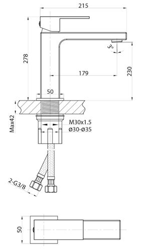 SAPHO CUBEMIX umyvadlová stojánková baterie, matné zlato CM006GB Technický nákres