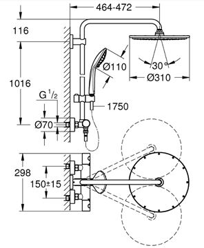 GROHE EUPHORIA SYSTEM 310 sprchový set s termostatickou baterií, horní sprcha, ruční sprcha se 3 proudy, tyč, hadice, cool sunrise 26075GL0 Technický nákres
