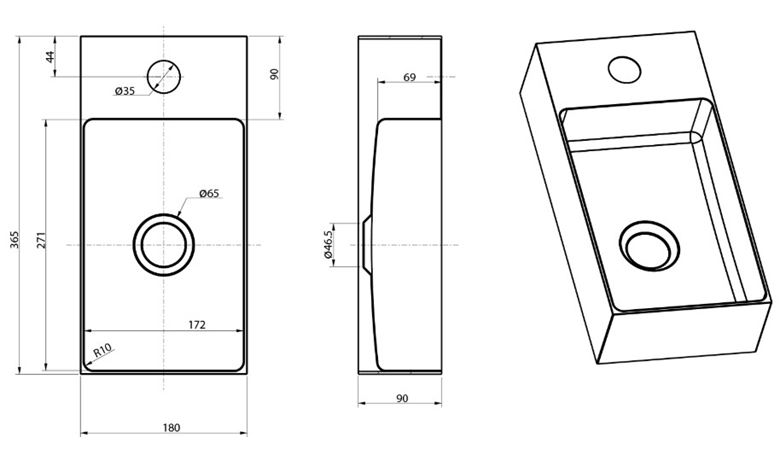 SAPHO AURUM umývátko 36,5 cm, s otvorem pro baterii, bez přepadu, nerez, PVD, matná zlatá AU204 Technický nákres