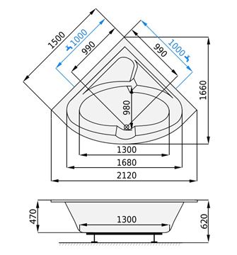 SANTECH VLTAVA rohová vana 150x150 cm, pro 2 osoby, bez nožiček, akrylát SAVLT150 Technický nákres