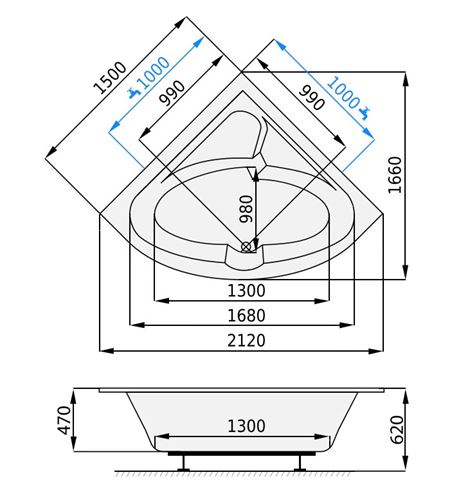 SANTECH VLTAVA rohová vana 150x150 cm, pro 2 osoby, bez nožiček, akrylát SAVLT150 Technický nákres