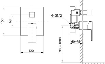 SAPHO CUBEMIX podomítková baterie, pro 2 spotřebiče, s tělesem, PVD, matné zlato CM042GB Technický nákres