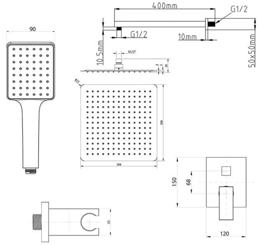 SAPHO CUBEMIX sprchový set s podomítkovou baterií, horní sprcha, ruční sprcha, hadice, držák, PVD, matné zlato CM042GB-01 Technický nákres