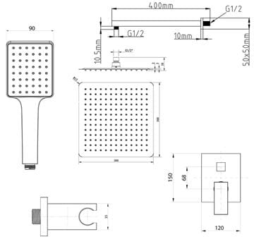 SAPHO CUBEMIX sprchový set s podomítkovou baterií, horní sprcha, ruční sprcha, hadice, držák, PVD, matné zlato CM042GB-01 Technický nákres