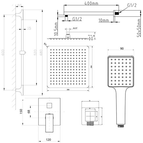 SAPHO CUBEMIX sprchový set s podomítkovou baterií, horní sprcha, ruční sprcha, tyč, hadice, PVD, matné zlato CM042GB-02 Technický nákres