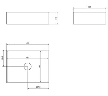 SAPHO FORMIGO umyvadlo na desku 47,5 cm, bez přepadu, beton, matná stříbrná FG119 Technický nákres