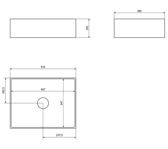 SAPHO FORMIGO umyvadlo na desku 47,5 cm, bez přepadu, beton, matná měděná FG120 Technický nákres