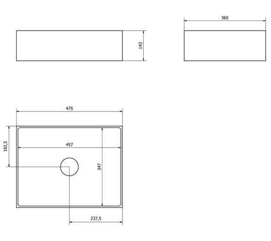 SAPHO FORMIGO umyvadlo na desku 47,5 cm, bez přepadu, beton, matná žlutá FG122 Technický nákres