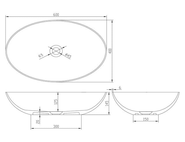 SAPHO FORMIGO umyvadlová mísa 60 cm, bez přepadu, beton, matný antracit FG216 Technický nákres