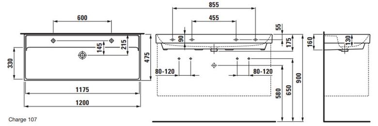 LAUFEN FIORA umyvadlo 120 cm, se 2 otvory pro baterie a přepadem H814921000107L Obrázek - fotka