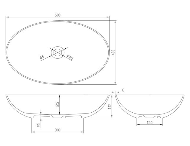 SAPHO FORMIGO umyvadlová mísa 60 cm, bez přepadu, beton, matná žlutá FG222 Technický nákres