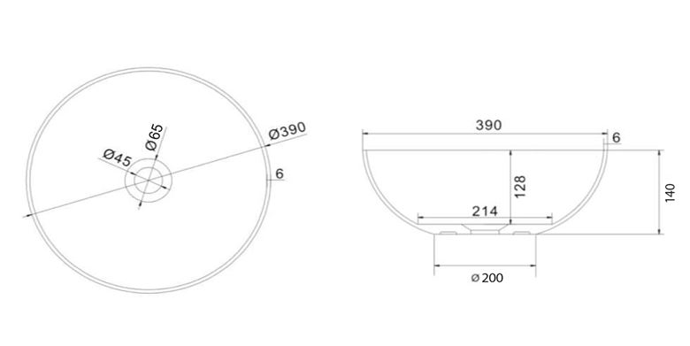 SAPHO FORMIGO umyvadlová mísa 39 cm, bez přepadu, beton, matná zlatá FG318 Technický nákres